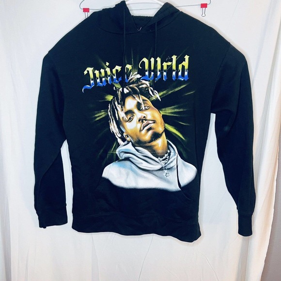 JUICE WRLD Hoodie Mens Medium Black Sweatshirt Rap Hip Hop Face Logo - Picture 2 of 8